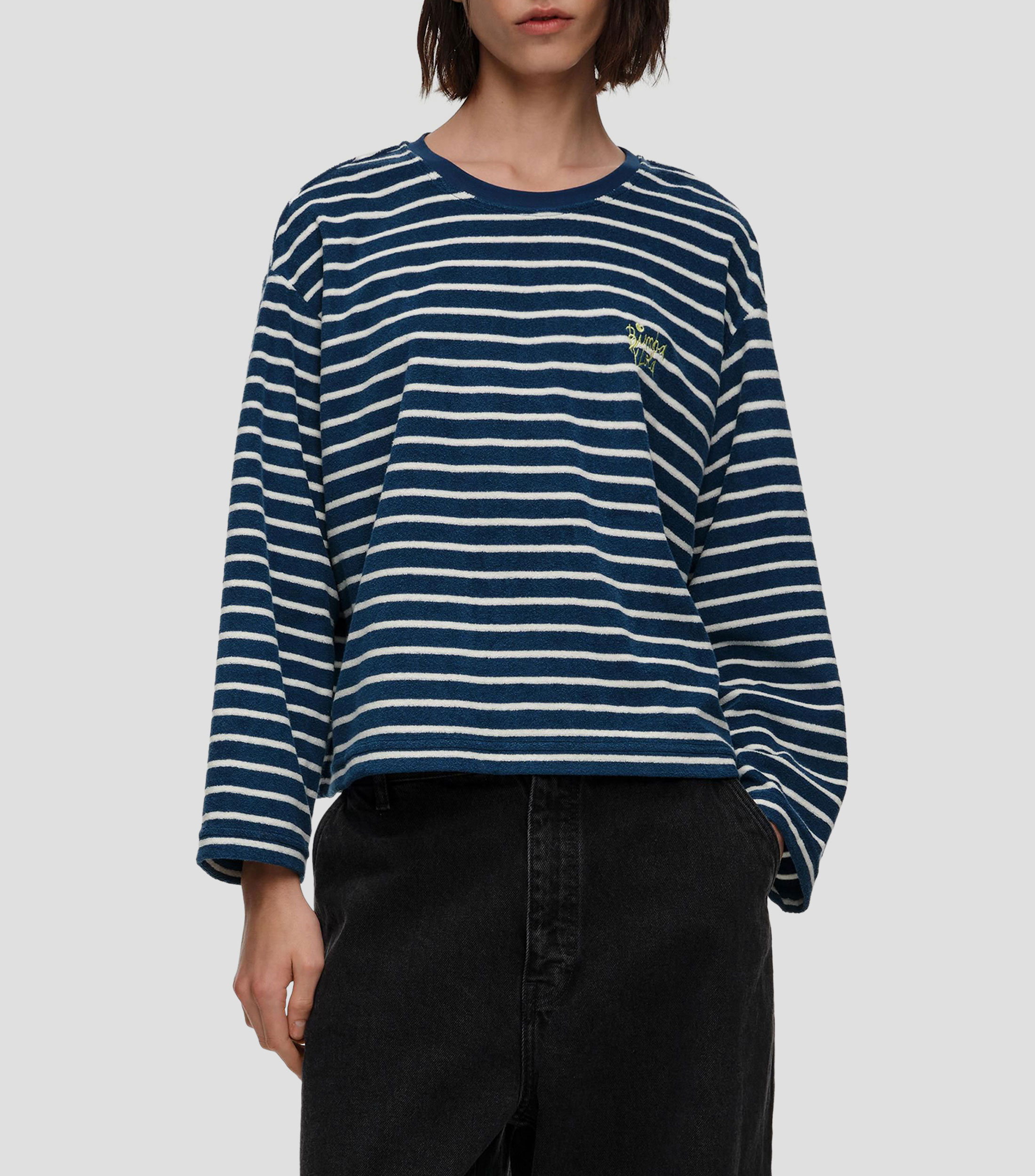 Playera cuello redondo manga larga con rayas Mujer